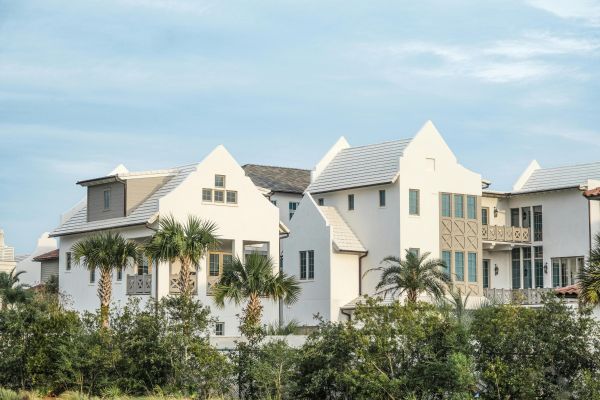 Beautiful white houses with a tropical setting in Alys Beach, Florida.